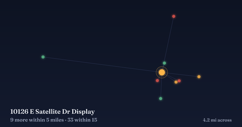 Map of 10126 E Satellite Dr Display and the 33 other Christmas light displays within 15 miles