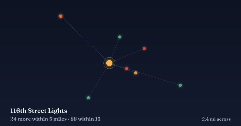 Map of 116th Street Lights and the 88 other Christmas light displays within 15 miles