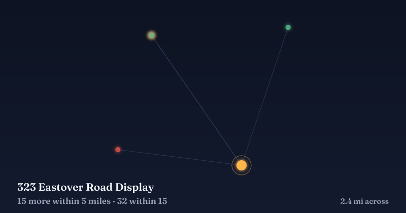 Map of 323 Eastover Road Display and the 32 other Christmas light displays within 15 miles