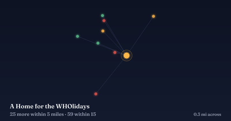 Map of A Home for the WHOlidays and the 59 other Christmas light displays within 15 miles