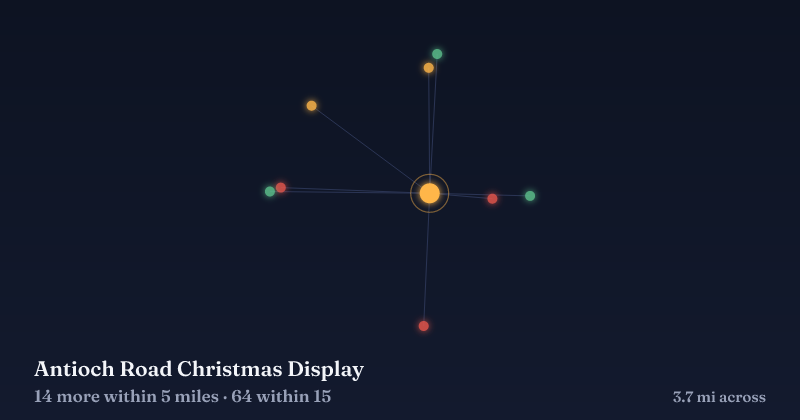 Map of Antioch Road Christmas Display and the 64 other Christmas light displays within 15 miles