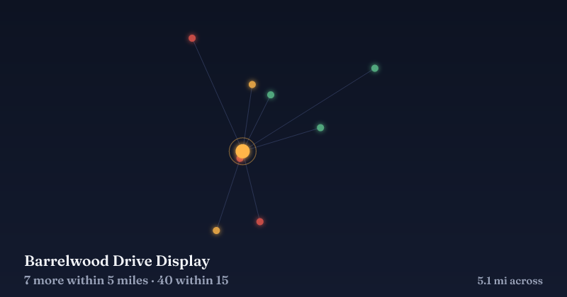 Map of Barrelwood Drive Display and the 40 other Christmas light displays within 15 miles