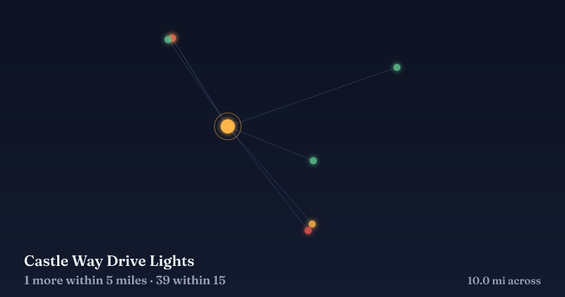 Map of Castle Way Drive Lights and the 39 other Christmas light displays within 15 miles