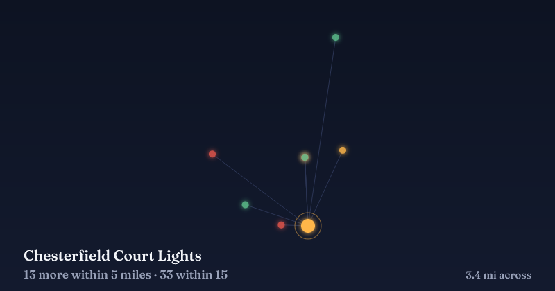 Map of Chesterfield Court Lights and the 33 other Christmas light displays within 15 miles