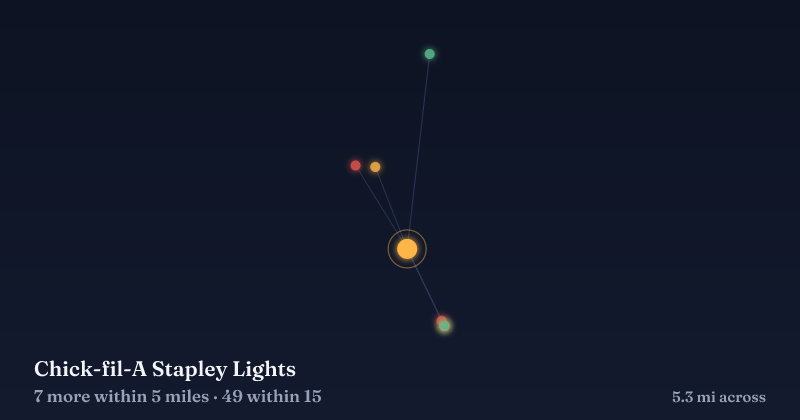 Map of Chick-fil-A Stapley Lights and the 49 other Christmas light displays within 15 miles