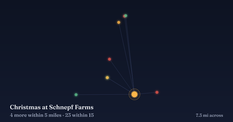 Map of Christmas at Schnepf Farms and the 23 other Christmas light displays within 15 miles