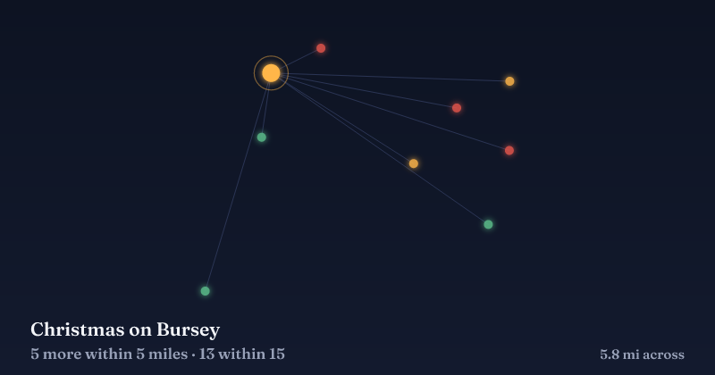 Map of Christmas on Bursey and the 13 other Christmas light displays within 15 miles