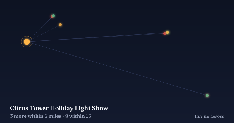 Map of Citrus Tower Holiday Light Show and the 8 other Christmas light displays within 15 miles