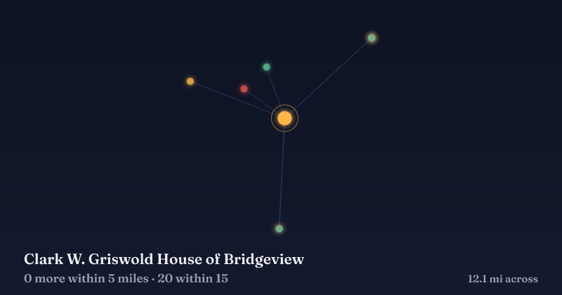 Map of Clark W. Griswold House of Bridgeview and the 20 other Christmas light displays within 15 miles