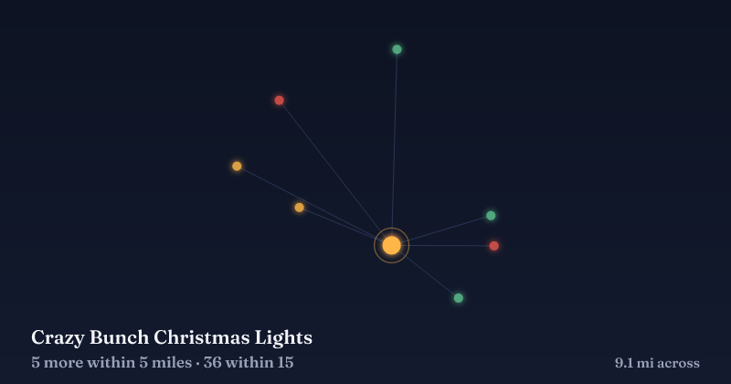 Map of Crazy Bunch Christmas Lights and the 36 other Christmas light displays within 15 miles