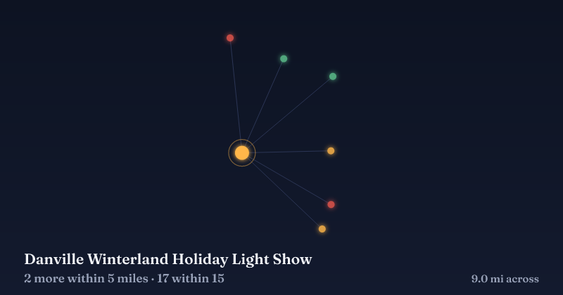 Map of Danville Winterland Holiday Light Show and the 17 other Christmas light displays within 15 miles