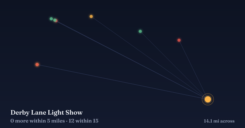 Map of Derby Lane Light Show and the 12 other Christmas light displays within 15 miles