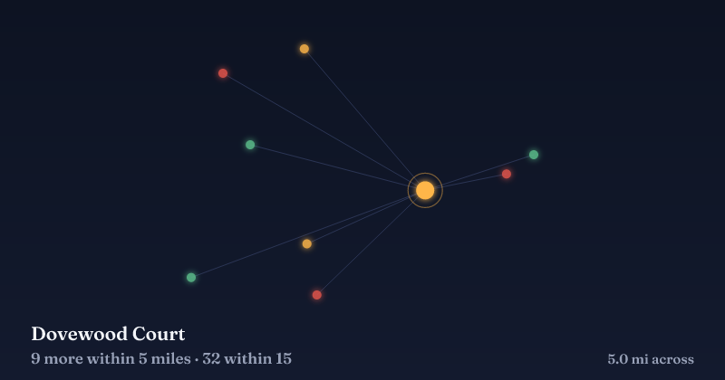 Map of Dovewood Court and the 32 other Christmas light displays within 15 miles