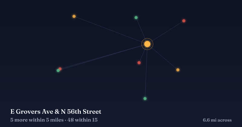 Map of E Grovers Ave & N 56th Street and the 48 other Christmas light displays within 15 miles