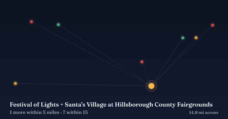 Map of Festival of Lights + Santa's Village at Hillsborough County Fairgrounds and the 7 other Christmas light displays within 15 miles