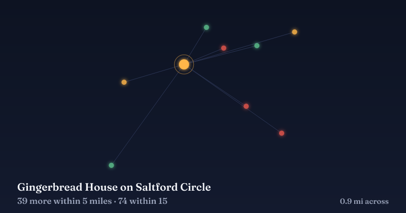 Map of Gingerbread House on Saltford Circle and the 74 other Christmas light displays within 15 miles