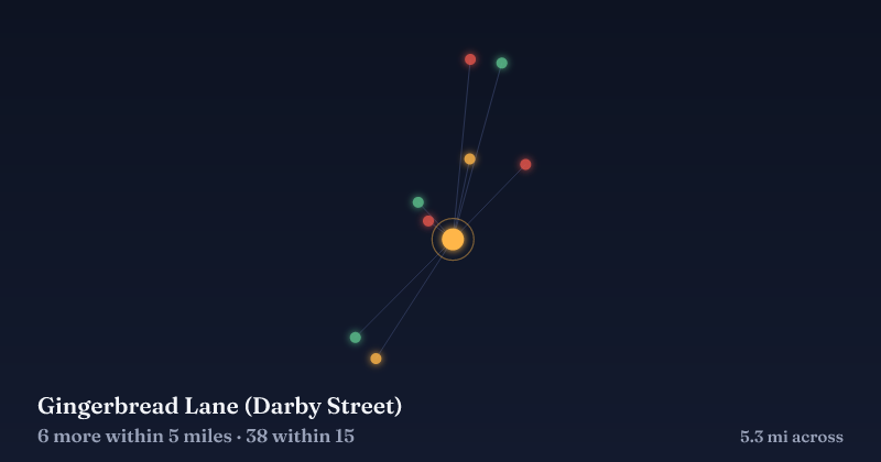 Map of Gingerbread Lane (Darby Street) and the 38 other Christmas light displays within 15 miles