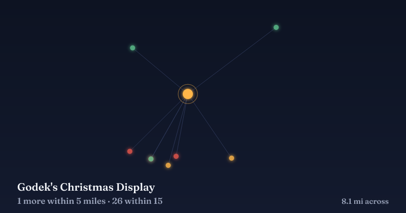 Map of Godek's Christmas Display and the 26 other Christmas light displays within 15 miles