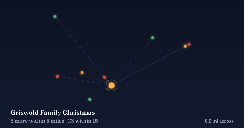 Map of Griswold Family Christmas and the 23 other Christmas light displays within 15 miles