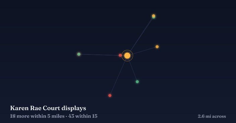 Map of Karen Rae Court displays and the 43 other Christmas light displays within 15 miles