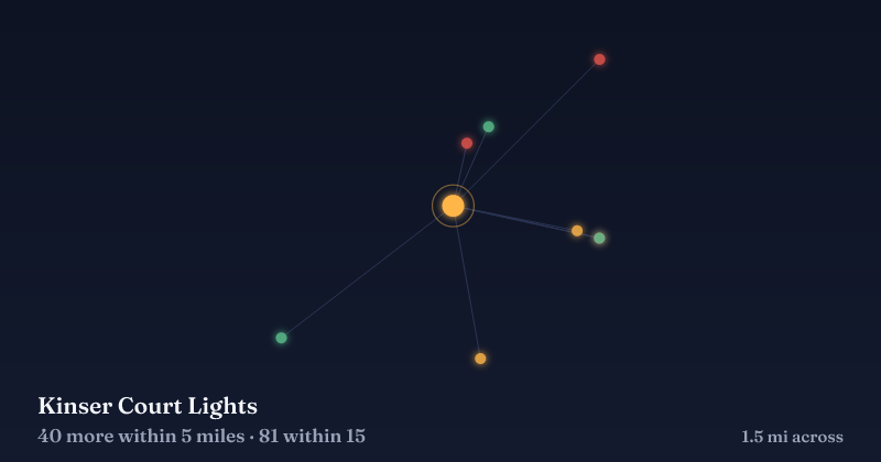 Map of Kinser Court Lights and the 81 other Christmas light displays within 15 miles