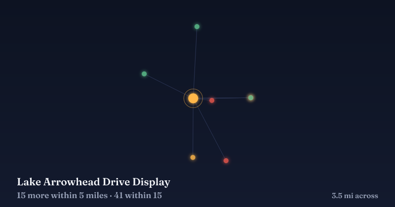 Map of Lake Arrowhead Drive Display and the 41 other Christmas light displays within 15 miles