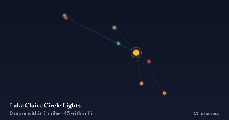 Map of Lake Claire Circle Lights and the 43 other Christmas light displays within 15 miles