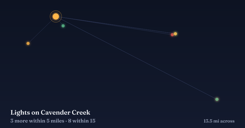 Map of Lights on Cavender Creek and the 8 other Christmas light displays within 15 miles