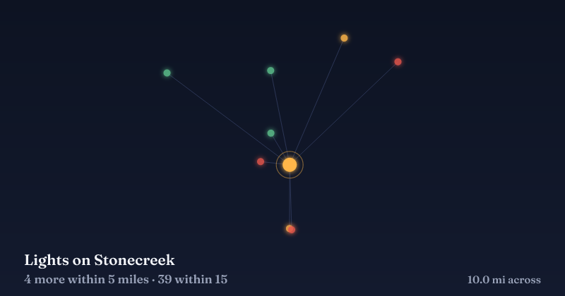 Map of Lights on Stonecreek and the 39 other Christmas light displays within 15 miles