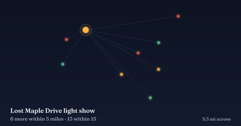 Map of Lost Maple Drive light show and the 13 other Christmas light displays within 15 miles