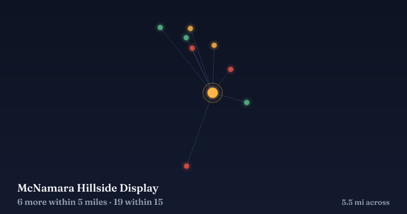 Map of McNamara Hillside Display and the 19 other Christmas light displays within 15 miles