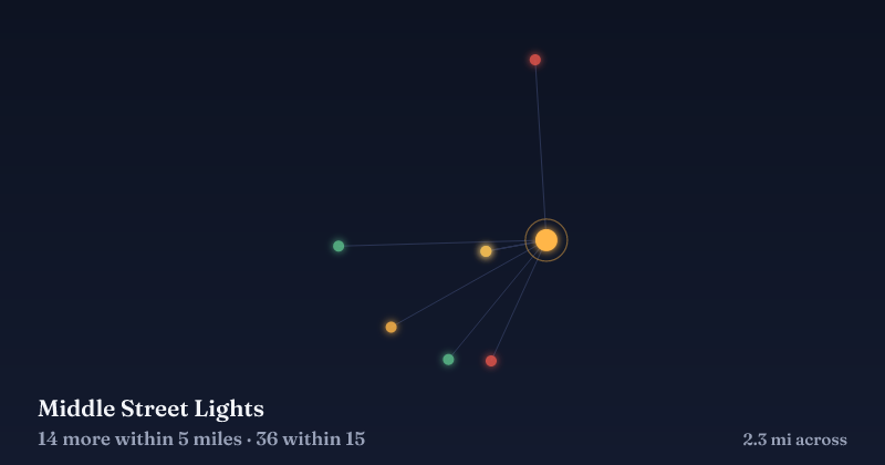 Map of Middle Street Lights and the 36 other Christmas light displays within 15 miles