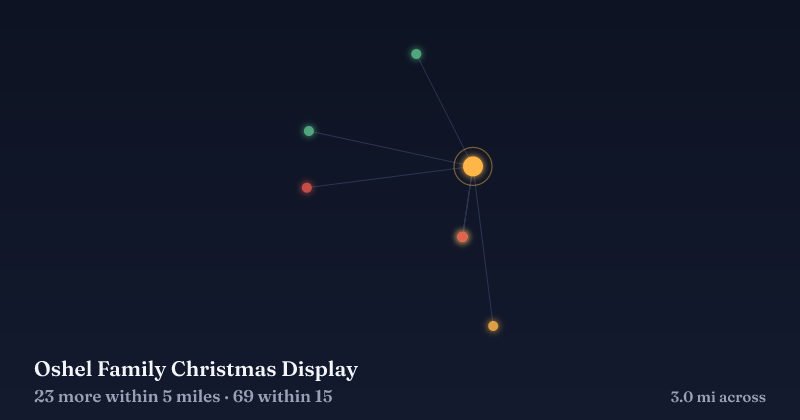 Map of Oshel Family Christmas Display and the 69 other Christmas light displays within 15 miles