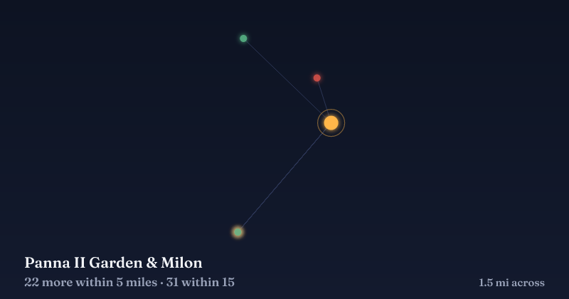 Map of Panna II Garden & Milon and the 31 other Christmas light displays within 15 miles