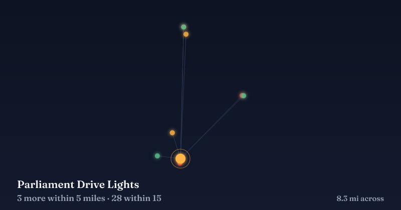 Map of Parliament Drive Lights and the 28 other Christmas light displays within 15 miles