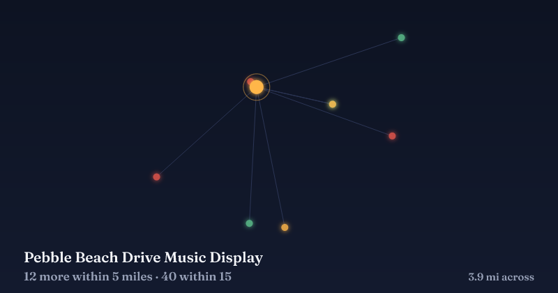Map of Pebble Beach Drive Music Display and the 40 other Christmas light displays within 15 miles