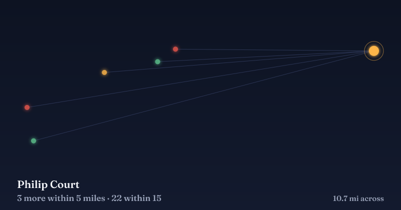 Map of Philip Court and the 22 other Christmas light displays within 15 miles