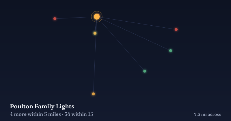 Map of Poulton Family Lights and the 34 other Christmas light displays within 15 miles