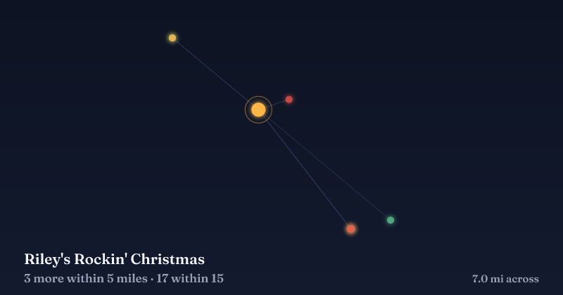 Map of Riley's Rockin' Christmas and the 17 other Christmas light displays within 15 miles