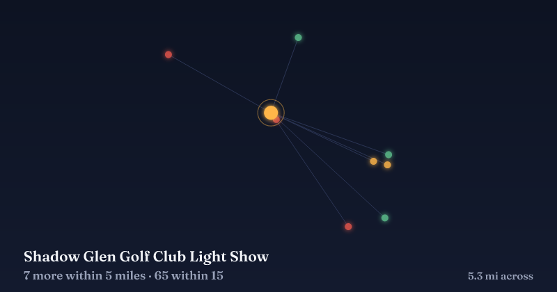 Map of Shadow Glen Golf Club Light Show and the 65 other Christmas light displays within 15 miles