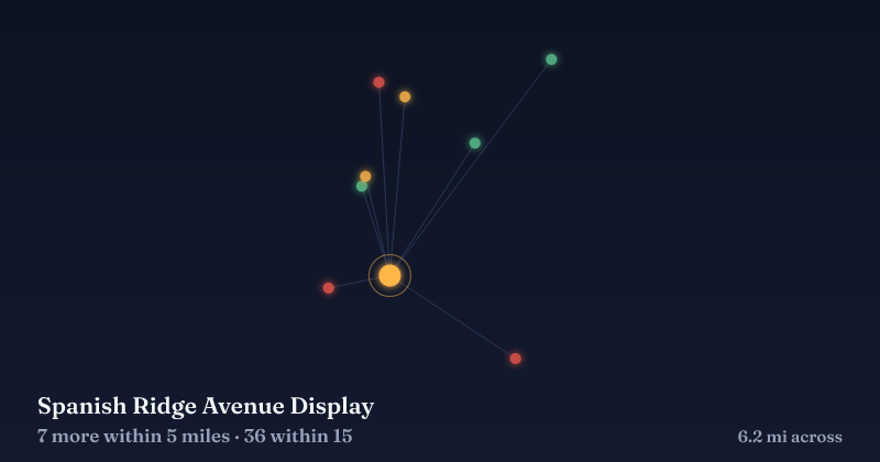 Map of Spanish Ridge Avenue Display and the 36 other Christmas light displays within 15 miles