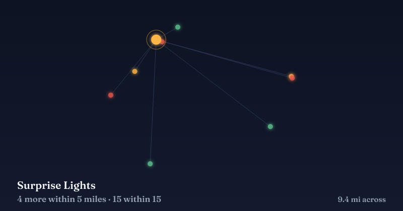 Map of Surprise Lights and the 15 other Christmas light displays within 15 miles