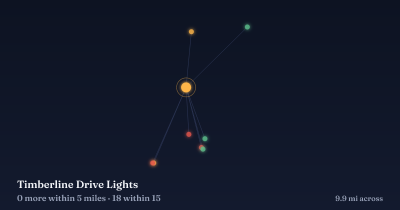 Map of Timberline Drive Lights and the 18 other Christmas light displays within 15 miles