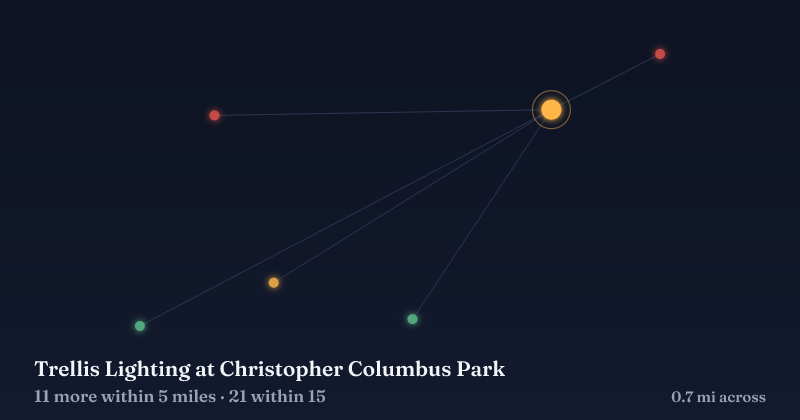 Map of Trellis Lighting at Christopher Columbus Park and the 21 other Christmas light displays within 15 miles