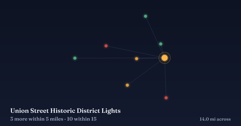 Map of Union Street Historic District Lights and the 10 other Christmas light displays within 15 miles