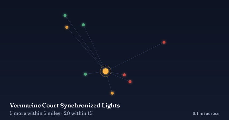 Map of Vermarine Court Synchronized Lights and the 20 other Christmas light displays within 15 miles