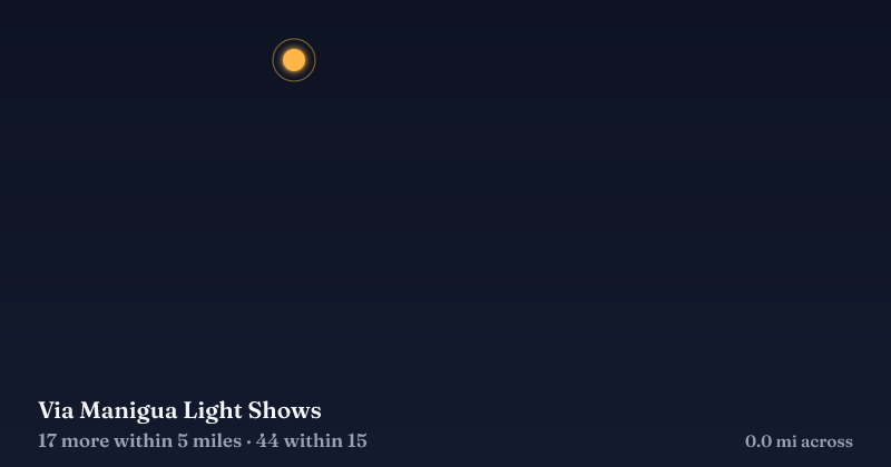Map of Via Manigua Light Shows and the 44 other Christmas light displays within 15 miles