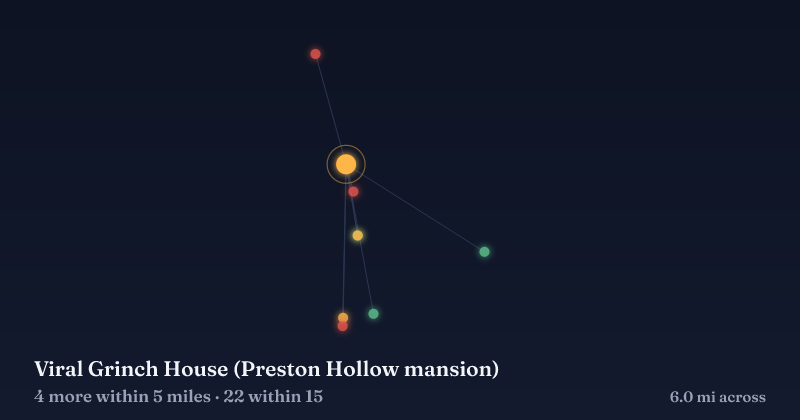 Map of Viral Grinch House (Preston Hollow mansion) and the 22 other Christmas light displays within 15 miles