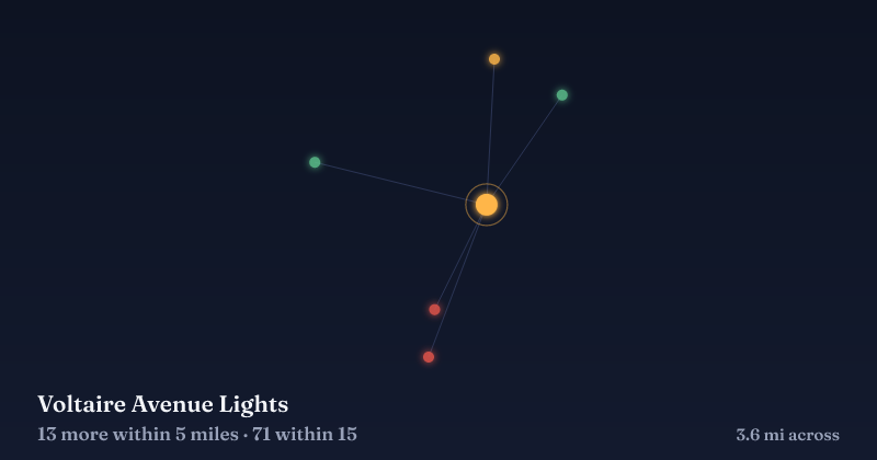 Map of Voltaire Avenue Lights and the 71 other Christmas light displays within 15 miles
