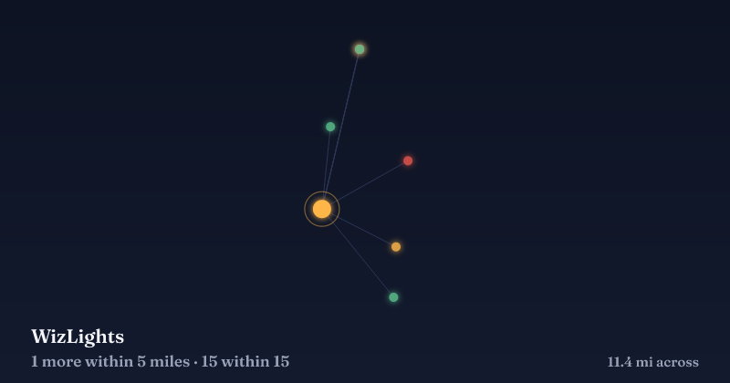 Map of WizLights and the 15 other Christmas light displays within 15 miles